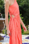 Malania One Shoulder Pleated Midi Dress - Tangarine