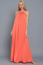 Makenna Satin Color Block Halter Maxi Dress - Tangerine/Pink