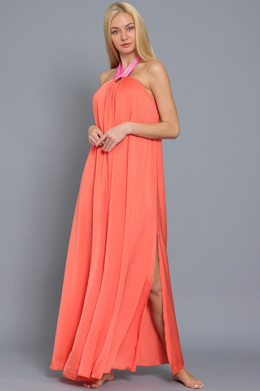 Colorblock Halter Maxi Dress - Hot Pink & Orange - Miss Monroe Boutique