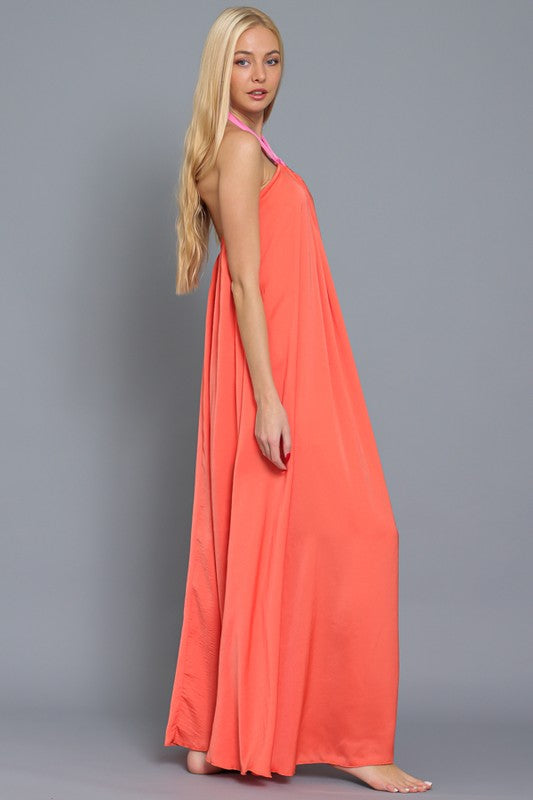 Makenna Satin Color Block Halter Maxi Dress - Tangerine/Pink