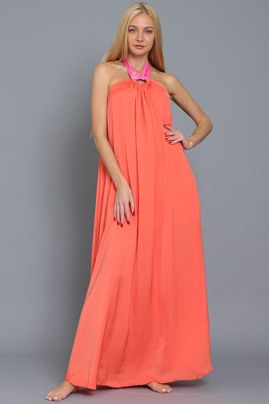 Makenna Satin Color Block Halter Maxi Dress - Tangerine/Pink Makenna Satin Color Block Halter Maxi Dress - Tangerine/Pink