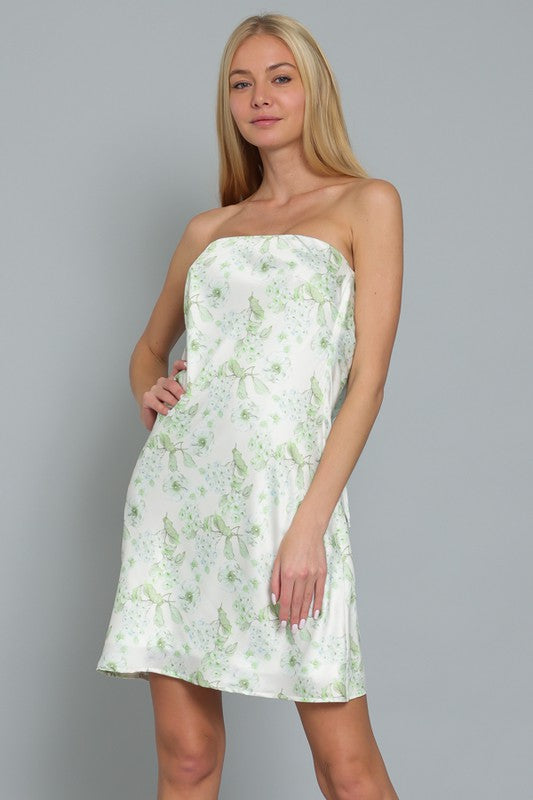 Belen Satin Strapless Mini Dress - Green Floral - RESTOCKED