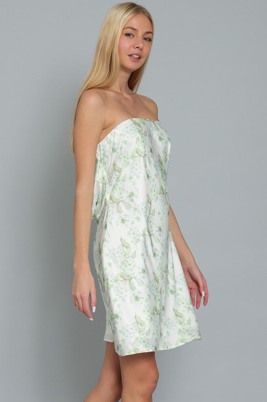 Belen Satin Strapless Mini Dress - Green Floral - RESTOCKED