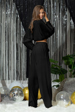 Beth Long Sleeve Crop Top And Wide Leg Pants - Black