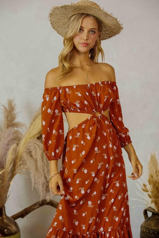 Maisie Off The Shoulder Ring Cut Out Midi Dress - Rust
