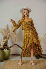 Gladys Ruffle Hem Floral Off The Shoulder Crop Top ( See Matching Skirt ) - Golden Olive