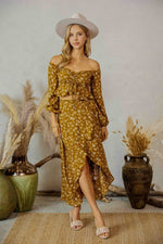 Gladys Ruffle Hem Floral Off The Shoulder Crop Top ( See Matching Skirt ) - Golden Olive