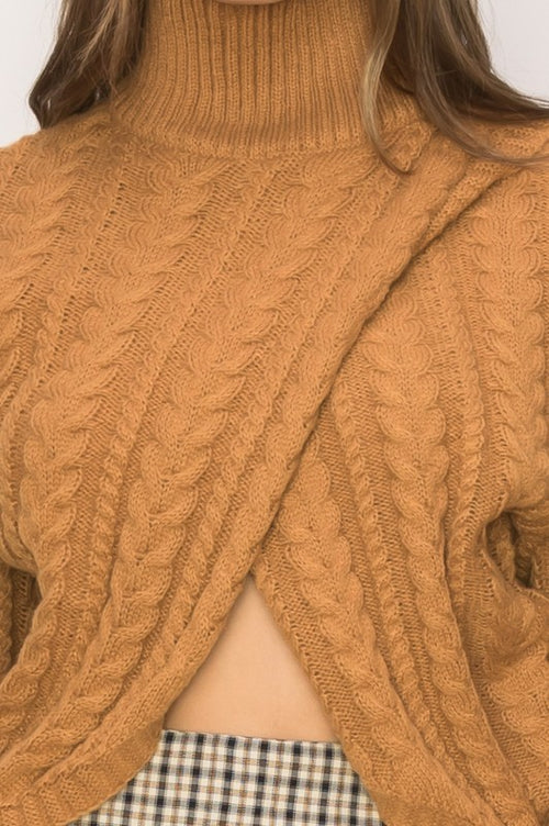 Meghan Cable Knit Overlap Sweater - Light Brown