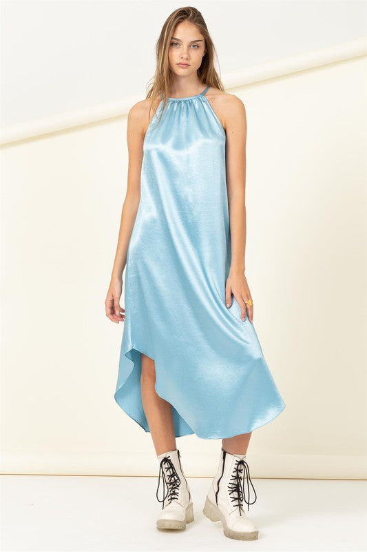 Etana Satin Halter Midi Dress - Blue