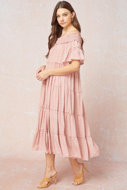 Lucienne Tiered Off the Shoulder Midi Dress - Blush