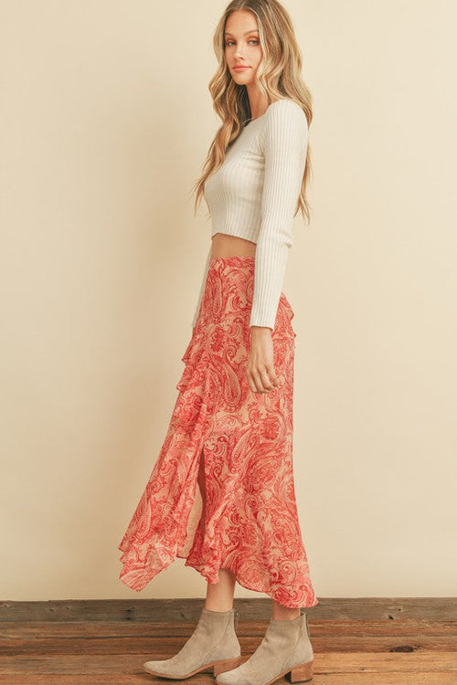 Kinley Paisley Print Ruffled Midi Skirt - Pink/Coral