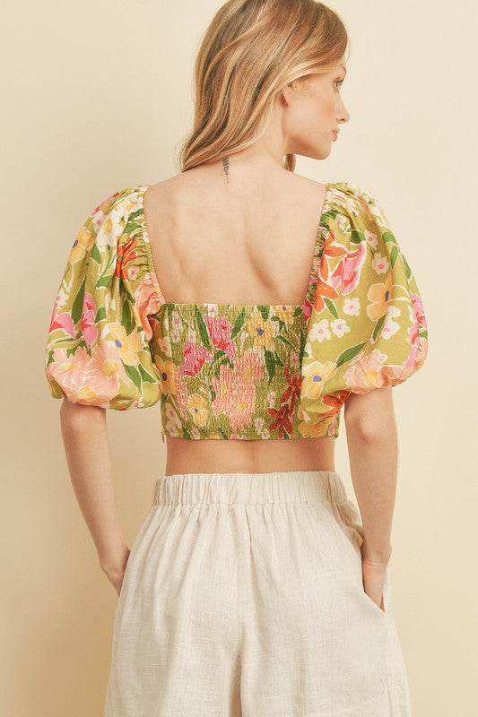 Zaida Floral Puff Sleeve Crop Top And Midi Skirt Set