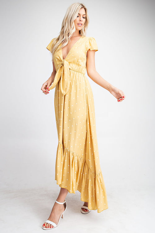 Kyla Flutter Sleeve Ruffle High-Low Polka Dot Maxi Dress - Mustard