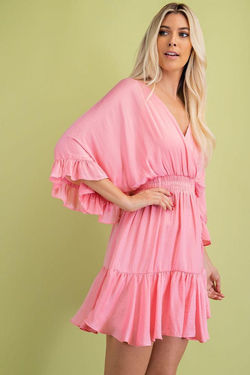 Joelle Dolman Sleeve Satin Mini Dress - Pink