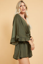 Adelia Satin Sleeve Ruffle Romper - Olive