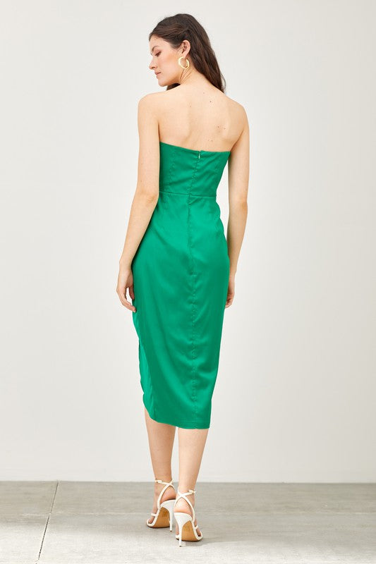 Fiona Strapless With Slit Midi Dress - Green
