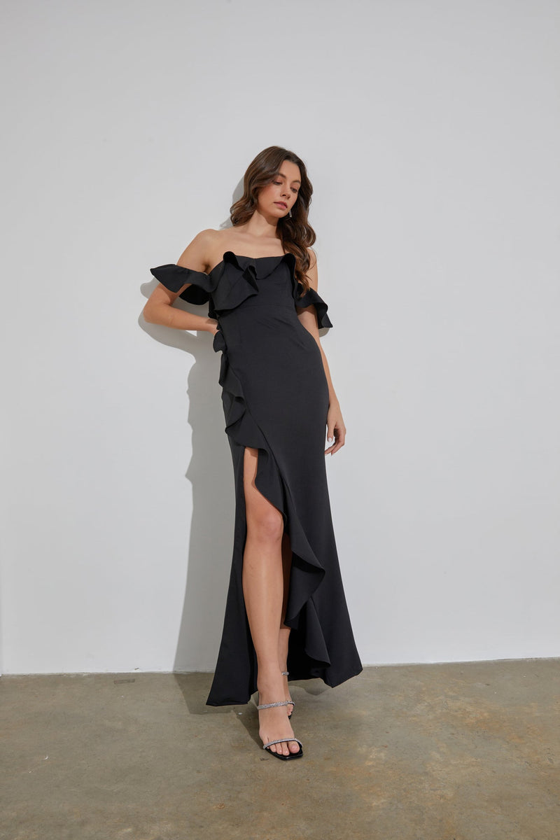 Minerva Off The Shoulder Cascading Gown Maxi Dress