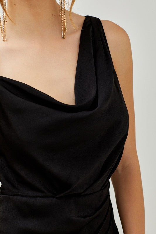 black satin cowl ruched mini dress Black Satin Cowl Ruched Slip Mini Dress
