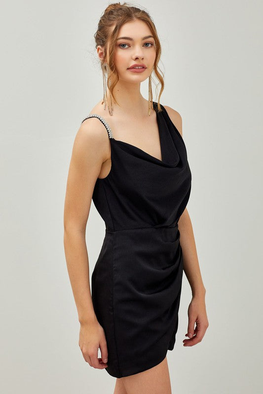 Black Cowl Neck Ruched Satin Mini Dress – aestivateit
