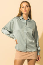 Brenda Satin Collar Button Down Blouse - Mint