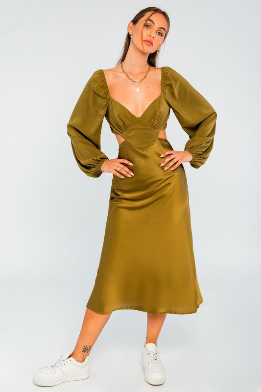 Gaida Satin Cut Out Midi Dress - Light Olive