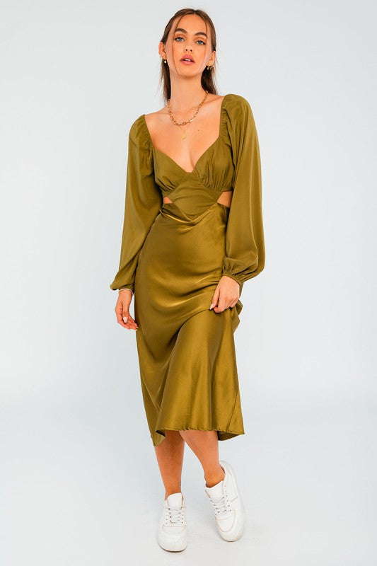 Gaida Satin Cut Out Midi Dress - Light Olive