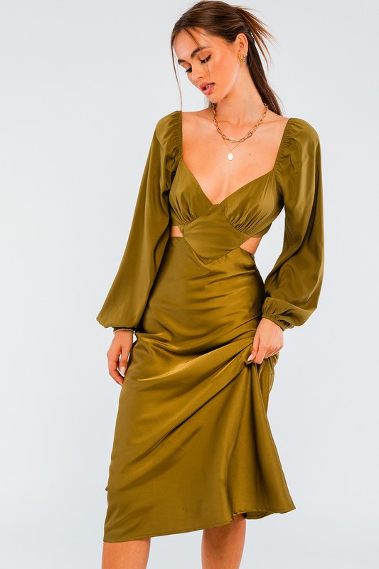 Gaida Satin Cut Out Midi Dress - Light Olive