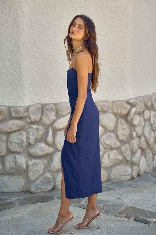 Sanni Strapless Corset Bodycon Midi Dress - Blue – Girls Will Be Girls
