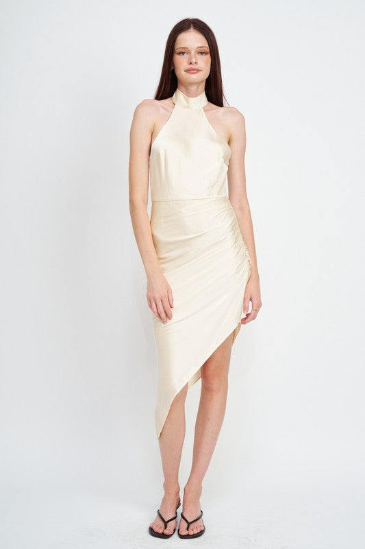 Anita Satin Halter Asymmetrical Midi Dress - Champagne Girls Will Be Girls Anita Satin Halter Asymmetrical Midi Dress - Champagne Girls Will Be Girls