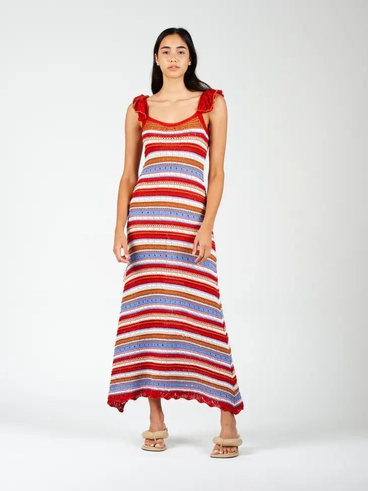 Anabeth Stripe Crochet Ruffle Detail Maxi Dress