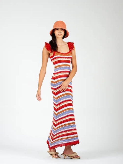 Anabeth Stripe Crochet Ruffle Detail Maxi Dress