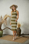 Dori Knit Ribbed Stripe Midi Dress - Olive Ivory