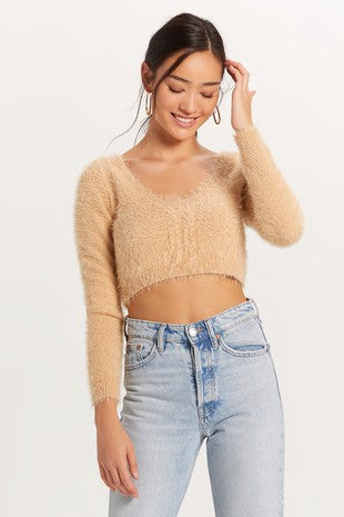 Paloma Cropped Fuzzy Sweater - Tan