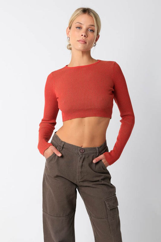 Natasha Ribbed Long Sleeve Crop Sweater Top - Rust/Taupe