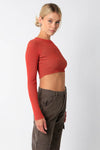 Natasha Ribbed Long Sleeve Crop Sweater Top - Rust/Taupe