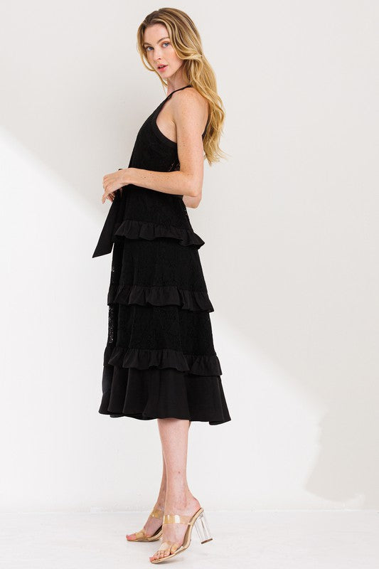 Desirea Lace Tiered Halter Midi Dress - Black