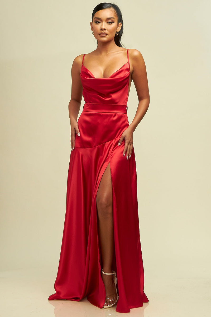 Saylor Satin Cowl Belted Maxi Dress - Red