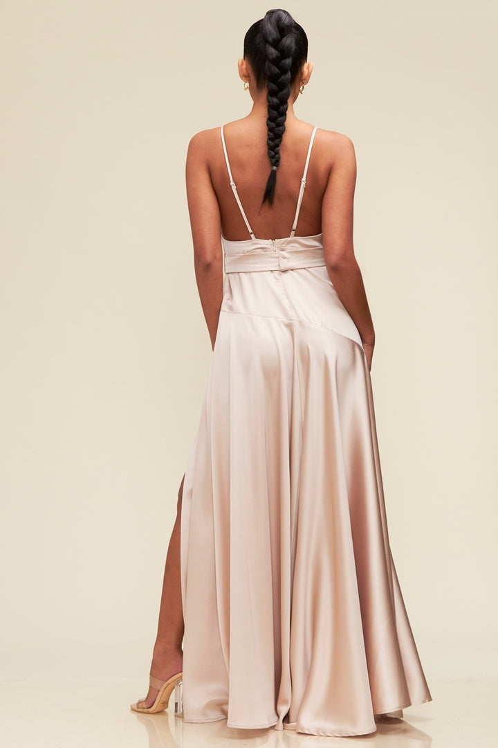 Saylor Satin Cowl Belted Maxi Dress - Champagne Saylor Satin Cowl Belted Maxi Dress - Champagne