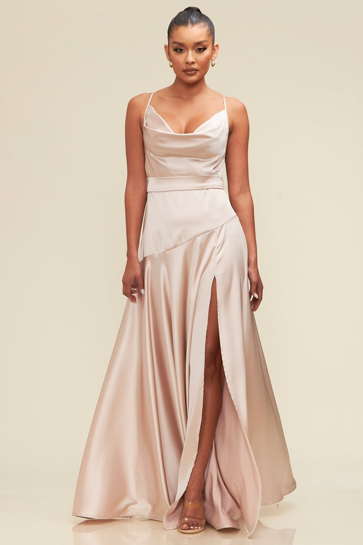 Saylor Satin Cowl Belted Maxi Dress - Champagne Girls Will Be Girls Saylor Satin Cowl Belted Maxi Dress - Champagne Girls Will Be Girls