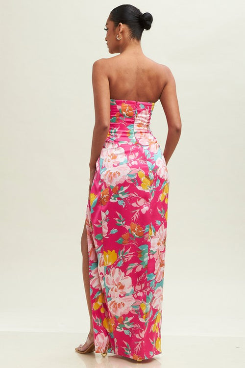 Lenia Strapless Satin Floral Twist Maxi Gown Dress - Pink