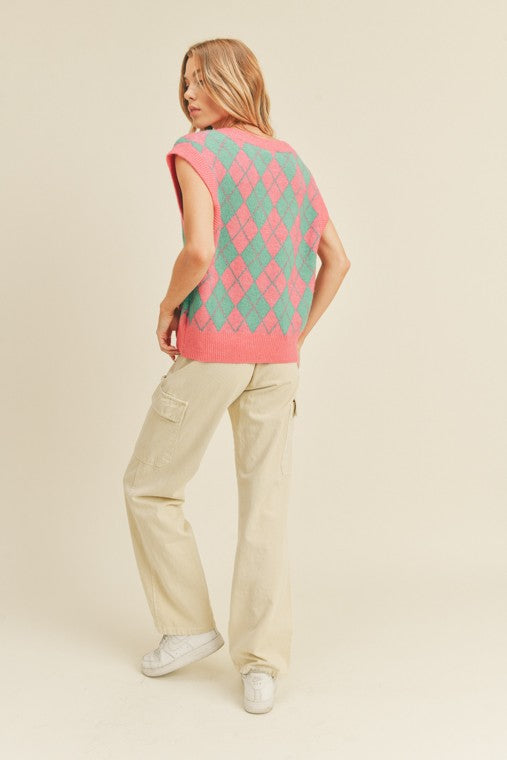 Livana Plaid Sweater Vest - Pink and Blue