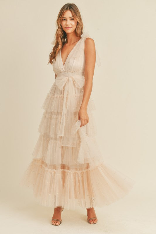 Raina Pearl Tulle Maxi Dress - Blush