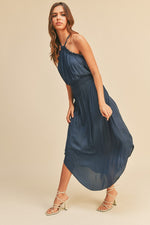 Randy Satin Halter Smocked Waist Midi Dress - Navy