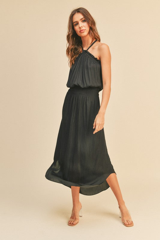 Randy Satin Halter Smocked Waist Midi Dress - Black