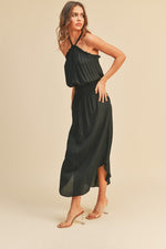Randy Satin Halter Smocked Waist Midi Dress - Black