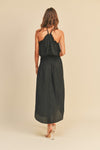 Randy Satin Halter Smocked Waist Midi Dress - Black