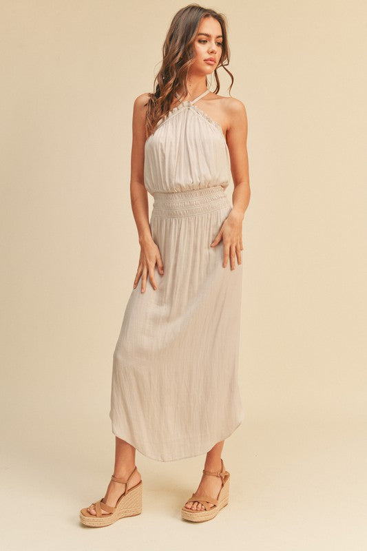 smocked halter midi dress Smocked Seersucker Halter Midi Dress In Ivory Multi