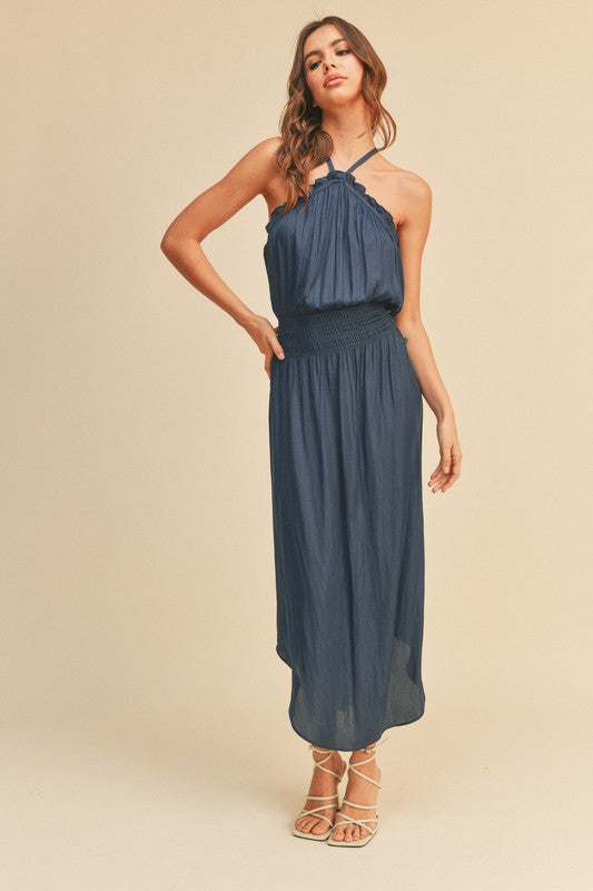 Randy Satin Halter Smocked Waist Midi Dress - Navy