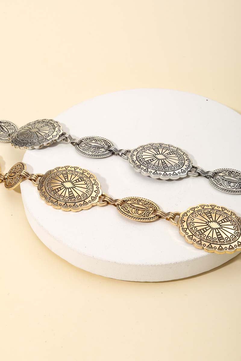 Sylvy Stamped Oval Disk Chain Belt - Silver