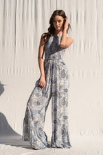 Quincy Open Back Smocked Jumpsuit - Blue/White